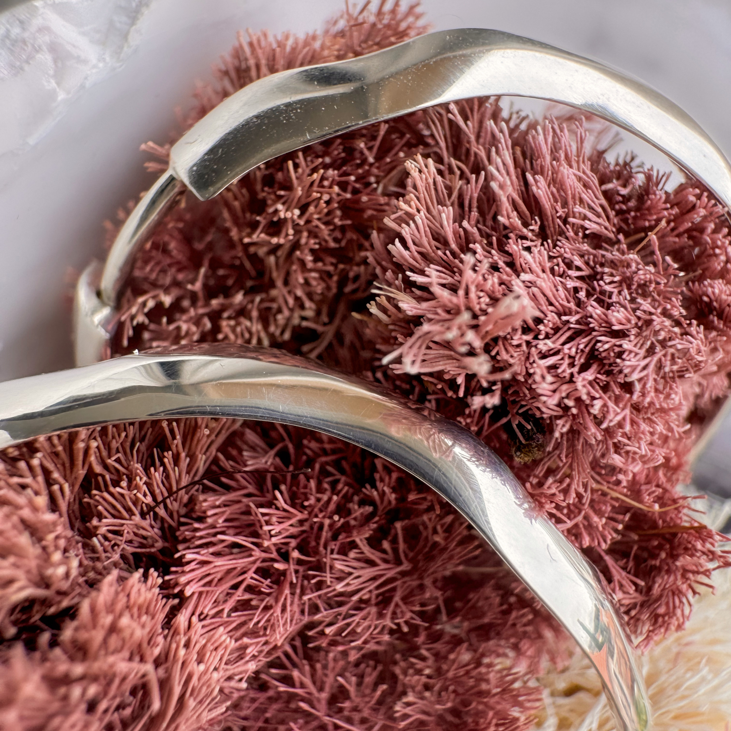 Silver Nesoi hoop earrings closeup with seaweed
