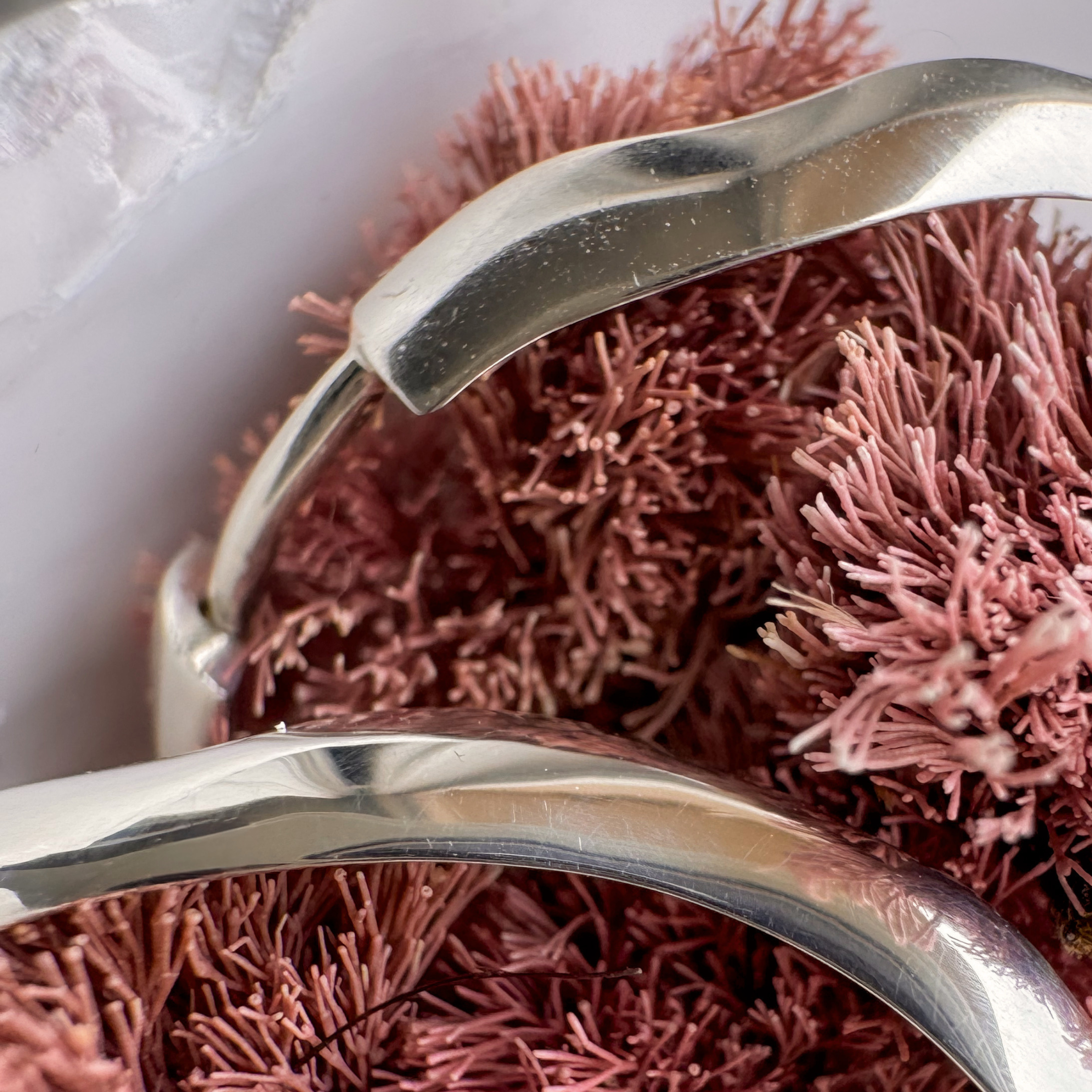 Silver Nesoi hoop earrings closeup with seaweed